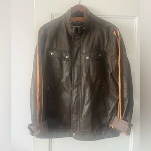 Men's Dark Brown Leather Jacket with Orange Stripes - Point Zero